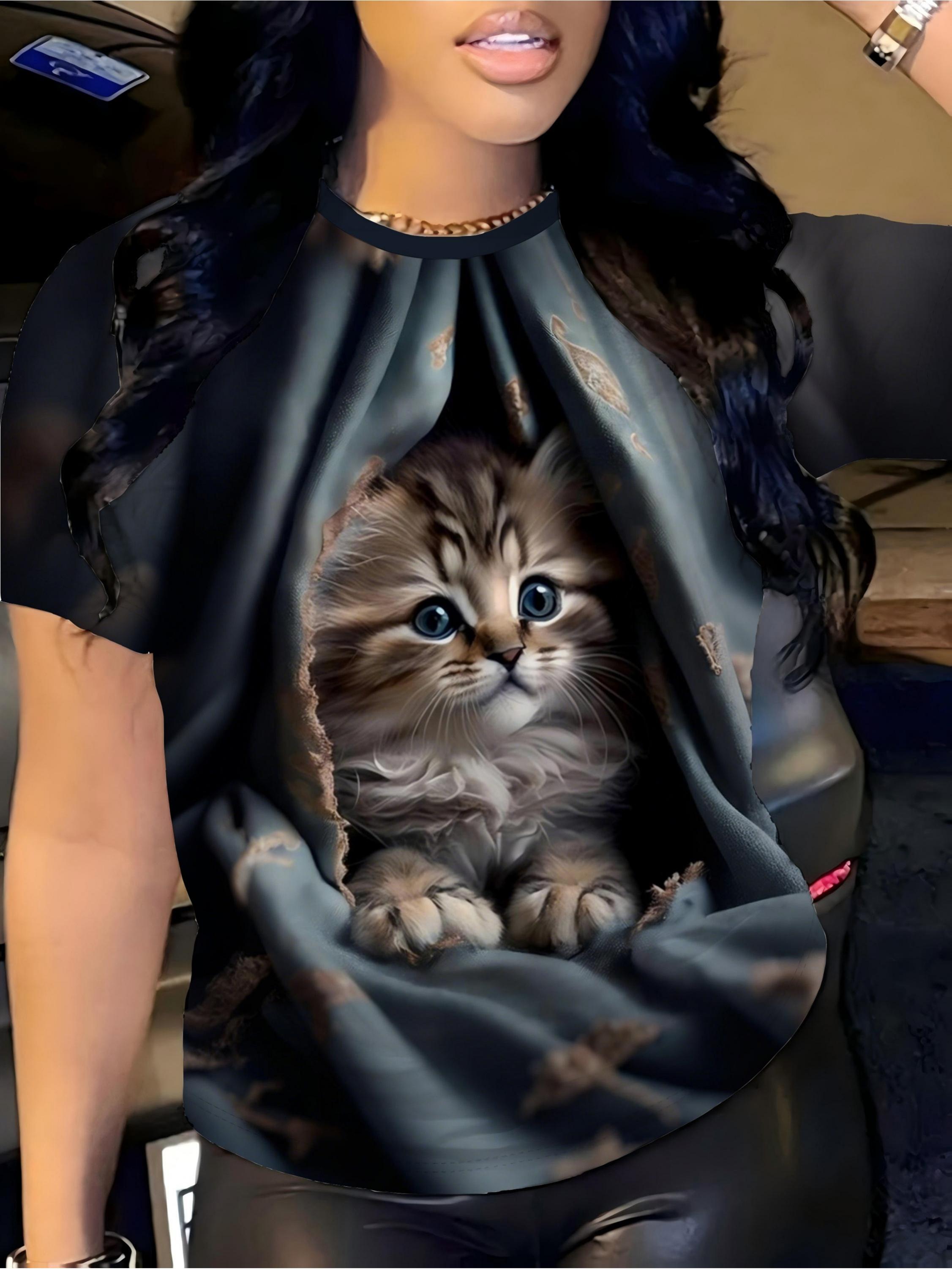 

[Printed Design - No Texture] Exclusively for Women! Distressed Ripped Hidden Kitten Print Short-Sleeve T-Shirt.. Soft and Cute. Eye-Catching Top. Fas 3XL