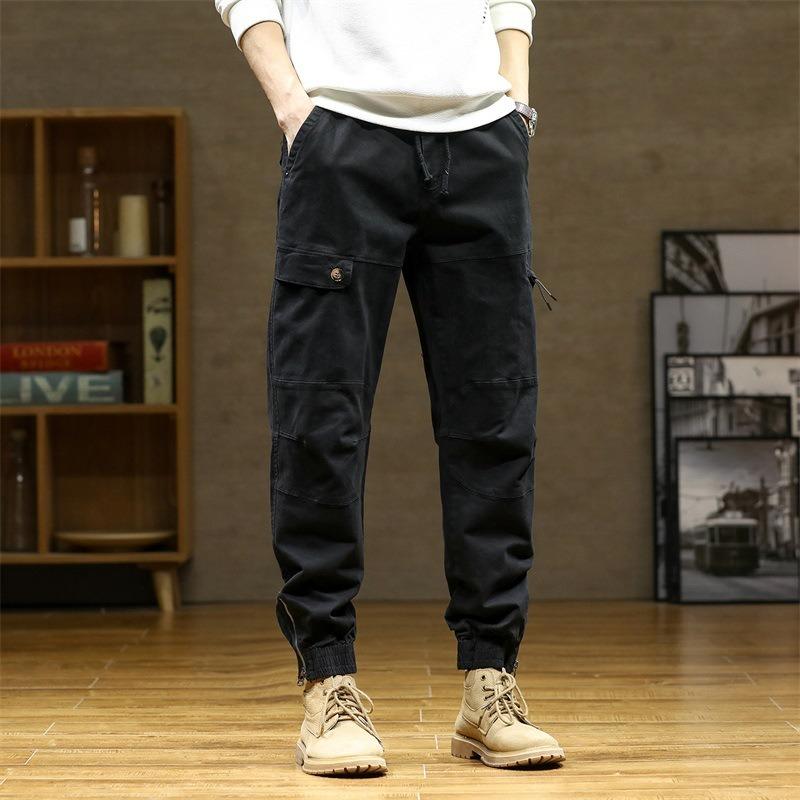 Green Men's Functional Overalls Pure Cotton Solid Color Elastic Texture Leggings Trendy Brand Multi-bag Fashion Casual Trousers