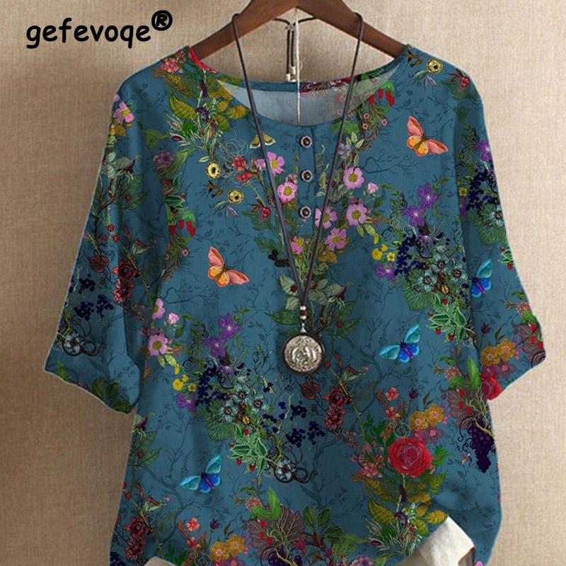 Ethnic Style Women's O-neck Digital Vintage Print Loose Shirt Half Sleeve Blouses Tops Women Harajuku Casual Pullover
