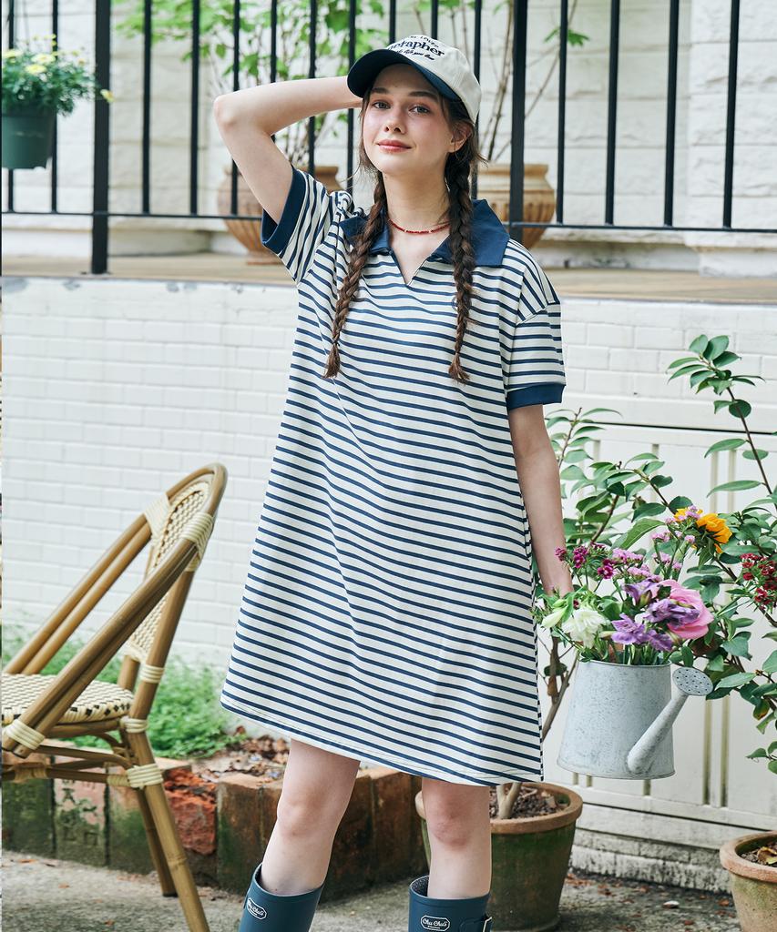 Metapeo Met Striped Collar Summer Dress Navy