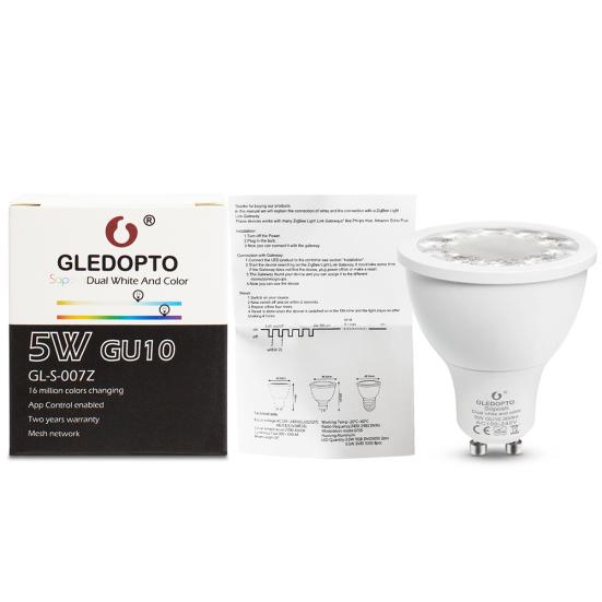 GLEDOPTO 120 degrés 5W Zigbee APP contrôle GU10 RGB + CCT LED ampoule de projecteur