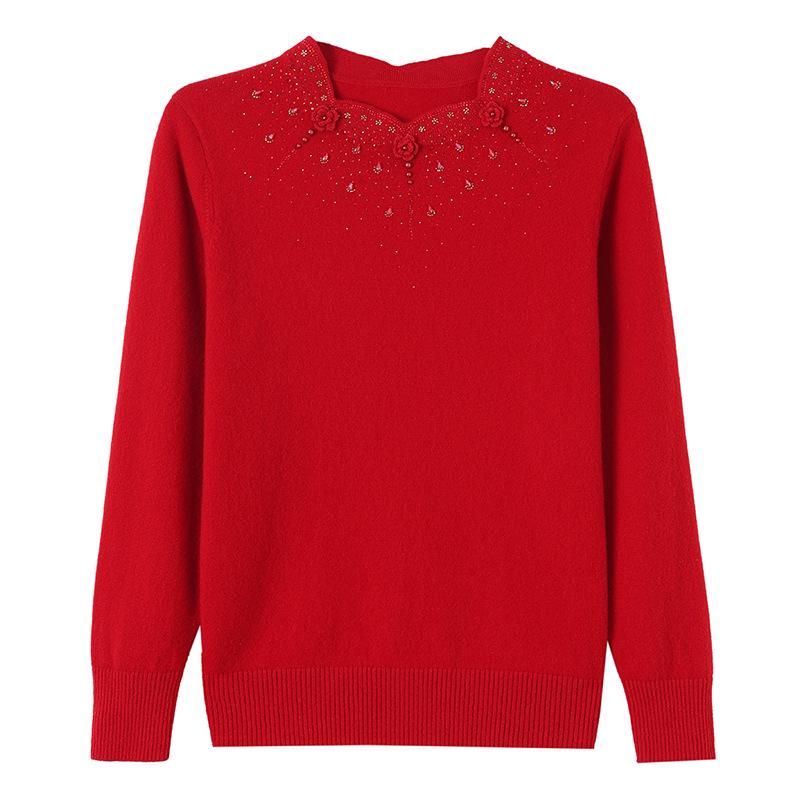 Mid-aged Women's Pure Wool Rhinestone Sweater - Warm Knit Base Layer for Autumn & Winter