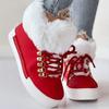 Christmas Fashion Thickened Warm Fur Red Boots, Solid Color Lace Up Flat Warm Sneakers