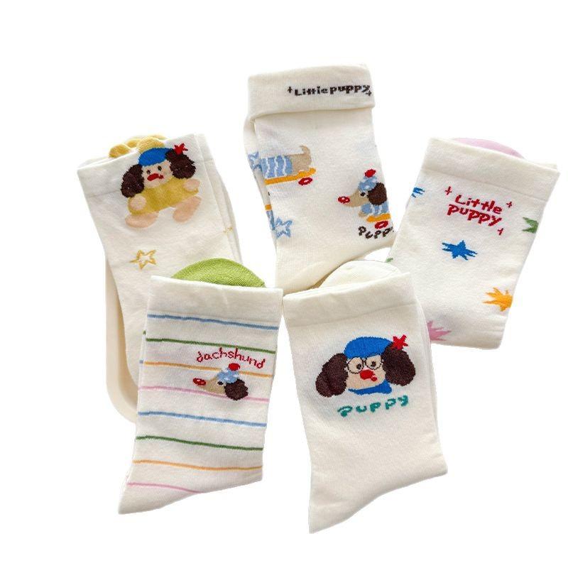 Dachshund Puppy Cute Socks Girls Season Preppy Illustration Cartoon Stripes Preppy Summer Stockings