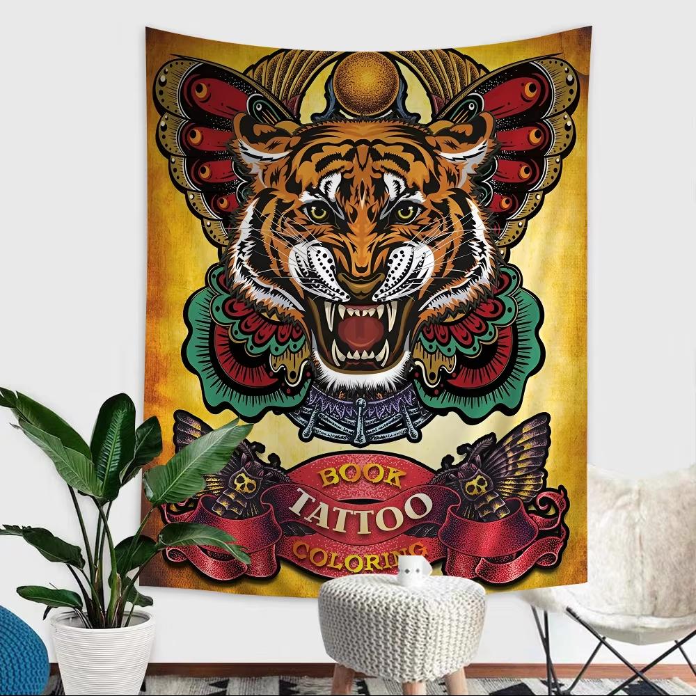 VIKAMA Wild Tiger Vintage Tattoo Tapestry for Women Fadeproof Wall Decor for Living Room Bedroom Unique Animal Print Home Decor