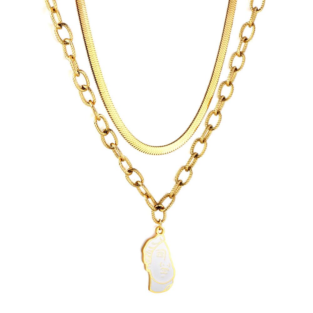 Jewelry Double Layer Stacked Collarbone Chain Dripping Oil Half Boy Pattern Pendant Necklace Stainless Steel Gold Plated Necklace