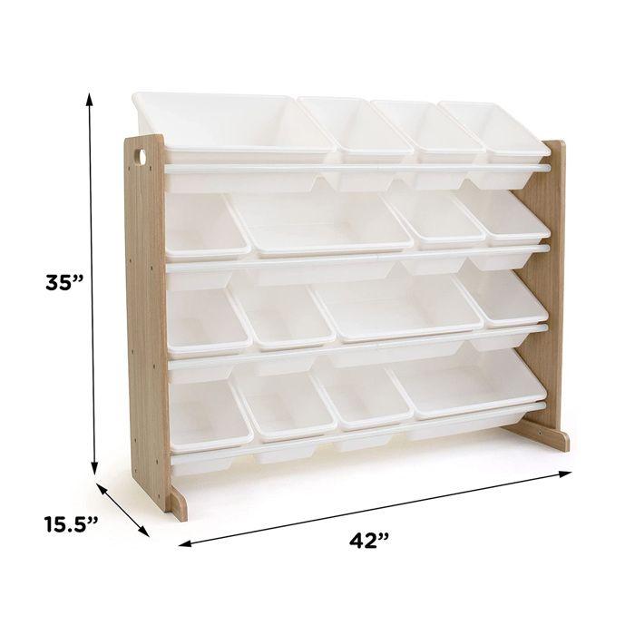 GINGER HOME – Children's Toy Organizer with 16 Bins (4 Large + 12 Small), Structure MDF/metal, Wood/white, 107×26.5–38×78 Cm