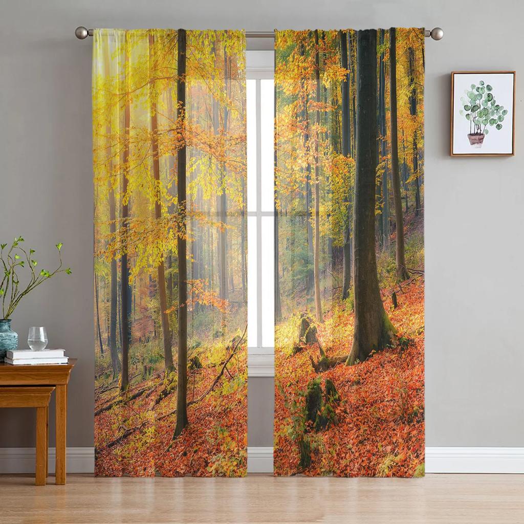 Maple Leaf Autumn Forest Landscape Tulle Curtains Living Room Bedroom Decoration Voile Window Party Drapes Curtain Sheer Polyester Ideal For Area