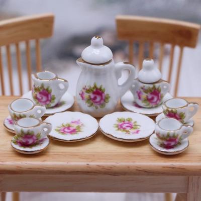 Mini Tableware Tea Cup Miniature Dollhouse Accessories Miniatures Stuff Realistic Set Teapot Plates Porcelain DIY Decor Ornament for Kitchen Party