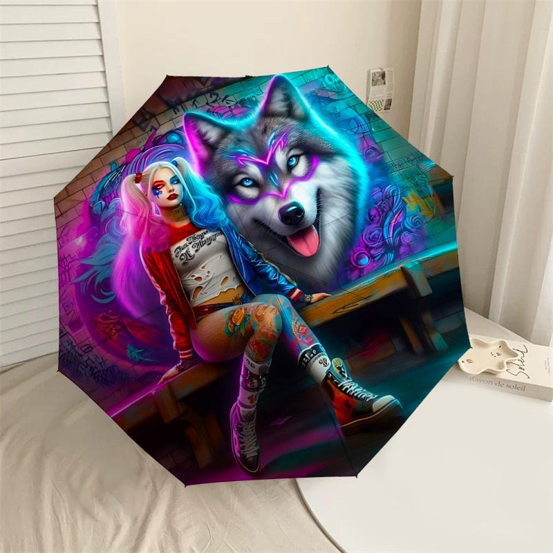 1PC Warner Harley Quinn, Wolf Automatic Open/Close Umbrella with Windproof, 89-Rib Sturdy Canopy, Durable Ribs1306A