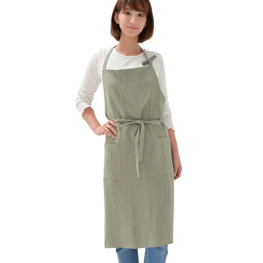 Fabrizm Made In Japan Full Apron Long Length Soft Linen Grayish Green 1581-gr-gr