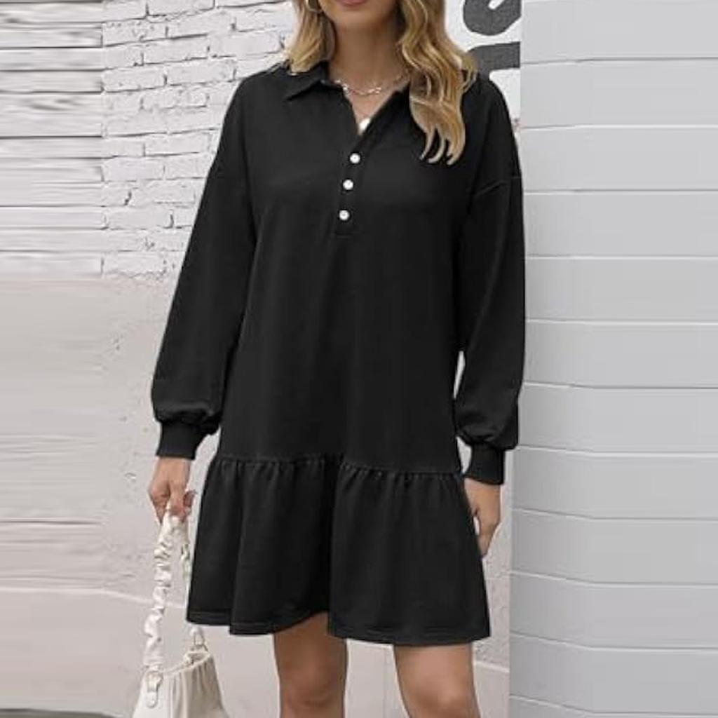 Women's Long Sleeve Pullover Lapel Casual Dress Solid Color Striped Patchwork Dresses