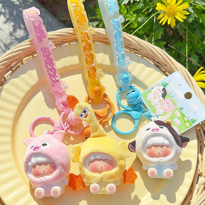 Farm Plush Colorful Animal Keychain Cute Resin Key Ring Accessory In Orange Blue Pink