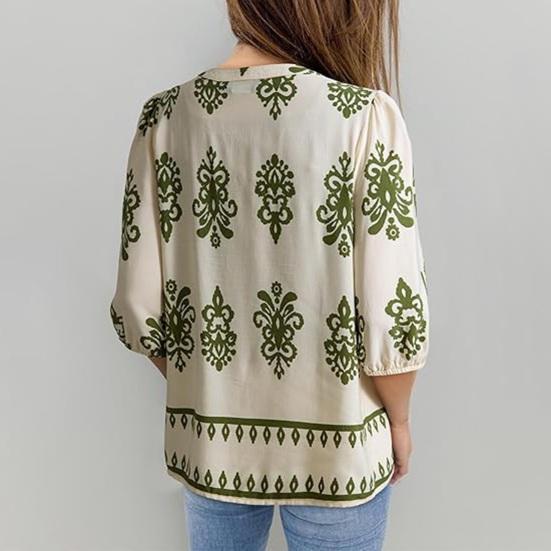 Women Shirt Loose Fit V Neck Printed Button Placket Shirt Tops Half Sleeve Breathable Summer Casual Tops