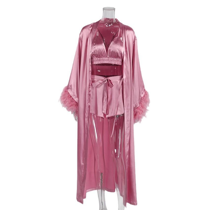 European and American ice silk pajamas women's splicing feathers long-sleeved underwear shorts satin high-end loungewear