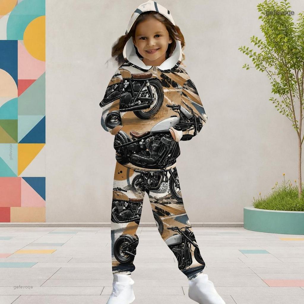 Girls Hooded Long Sleeve Printed Casual Two Piece Outfit Kangaroo Pocket Cuffed Pants