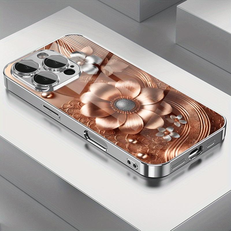 Golden Three-dimensional Beaded Floral Decorative Pattern Electroplated Glass Phone Case for iPhone 16 16Pro 16ProMax 16Plus
