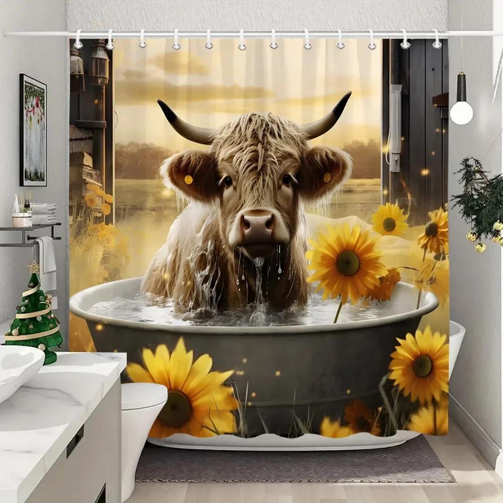 Farm Animals Highland Cattle Shower Curtain Rustic Rustic Farmhouse Plank Vintage Style Washable Shower Curtains Bathroom Decor