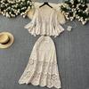 Nouveau 2026 Ensemble Jupe Femmes Tricot Plage Manches Courtes Dentelle Creux Sexy Col Rond Creux Style Été Hauts T-shirts Ample Basique