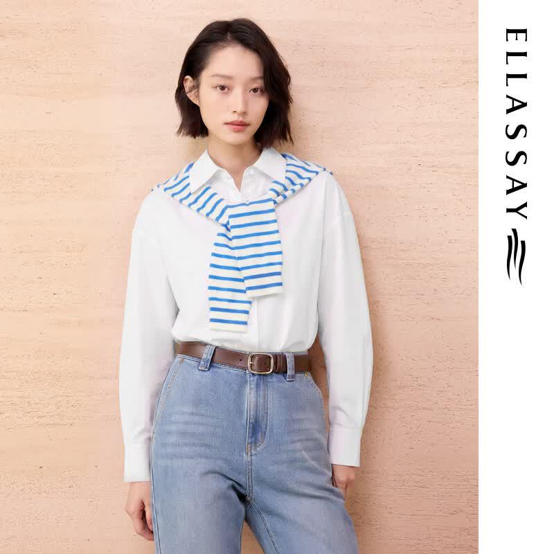 

ELLASSAY Women s Pure White Cotton Shawl Lapel Long-Sleeve Shirt XS