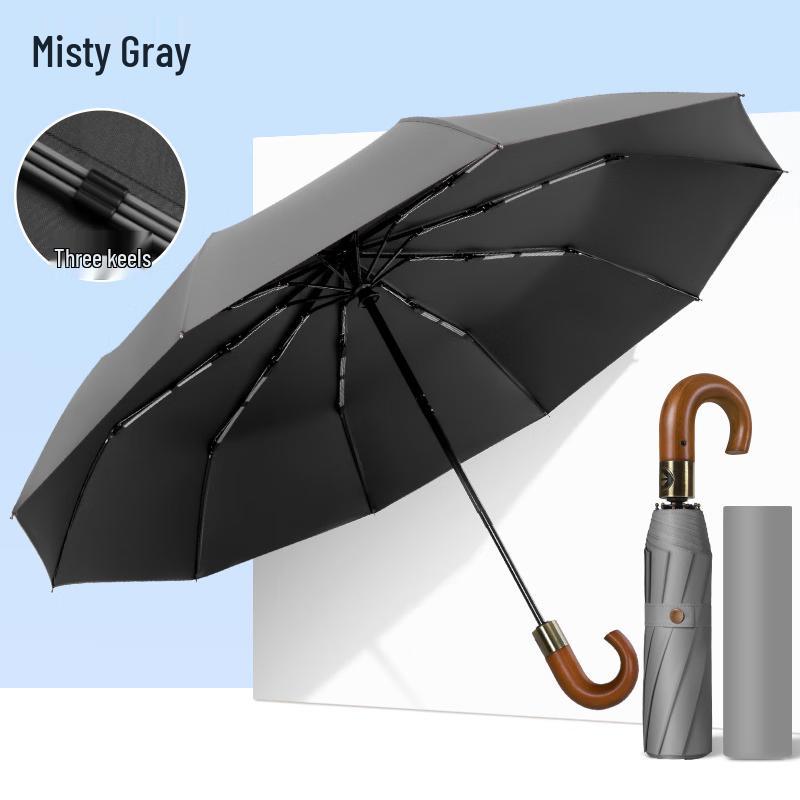 Sanhe 10-Rib Automatic Folding Umbrella with Wooden Curved Handle