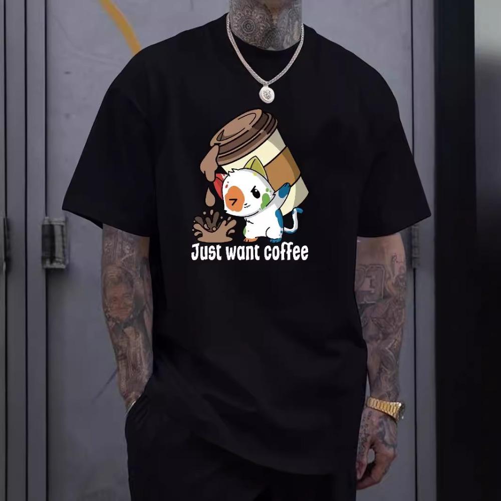 Coffee Serving Kitten Fashion Harajuku Style Pure Cotton Printed Men's Round Neck Short Sleeved T-shirt