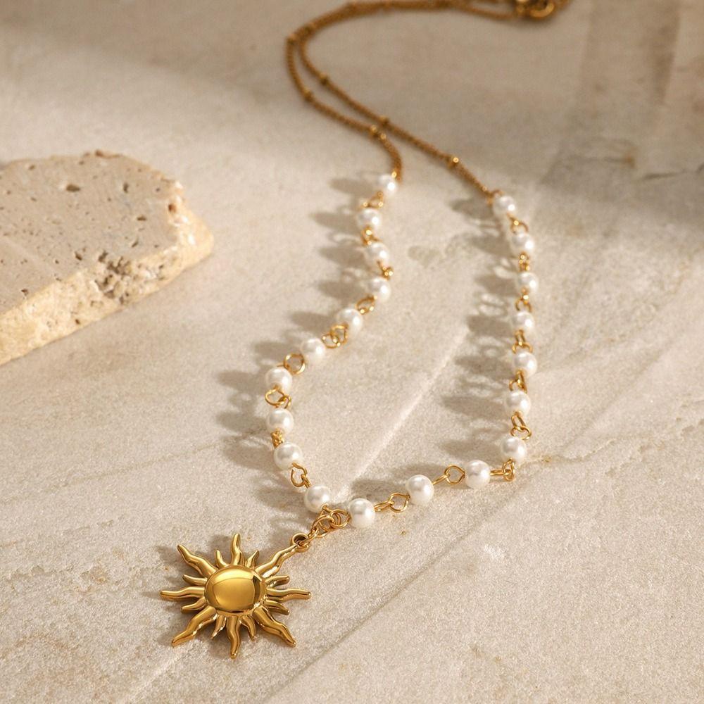 Gold Sun Pendant Necklace Waterproof Fashion Neck Chain New Pearl Beads Necklace For Women