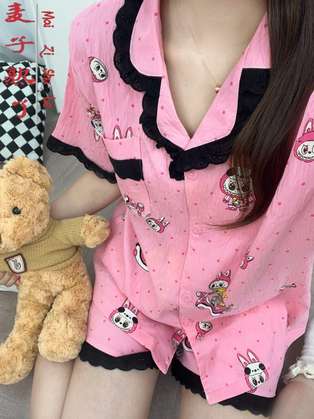 

Summer can wear pink rabub pajamas women s short-sleeved shorts lace two-piece Internet celebrity new loungewear S