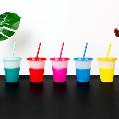 473ml Water Cup Lidded Color Changing Plastic Daily Use Straw Juice Cup