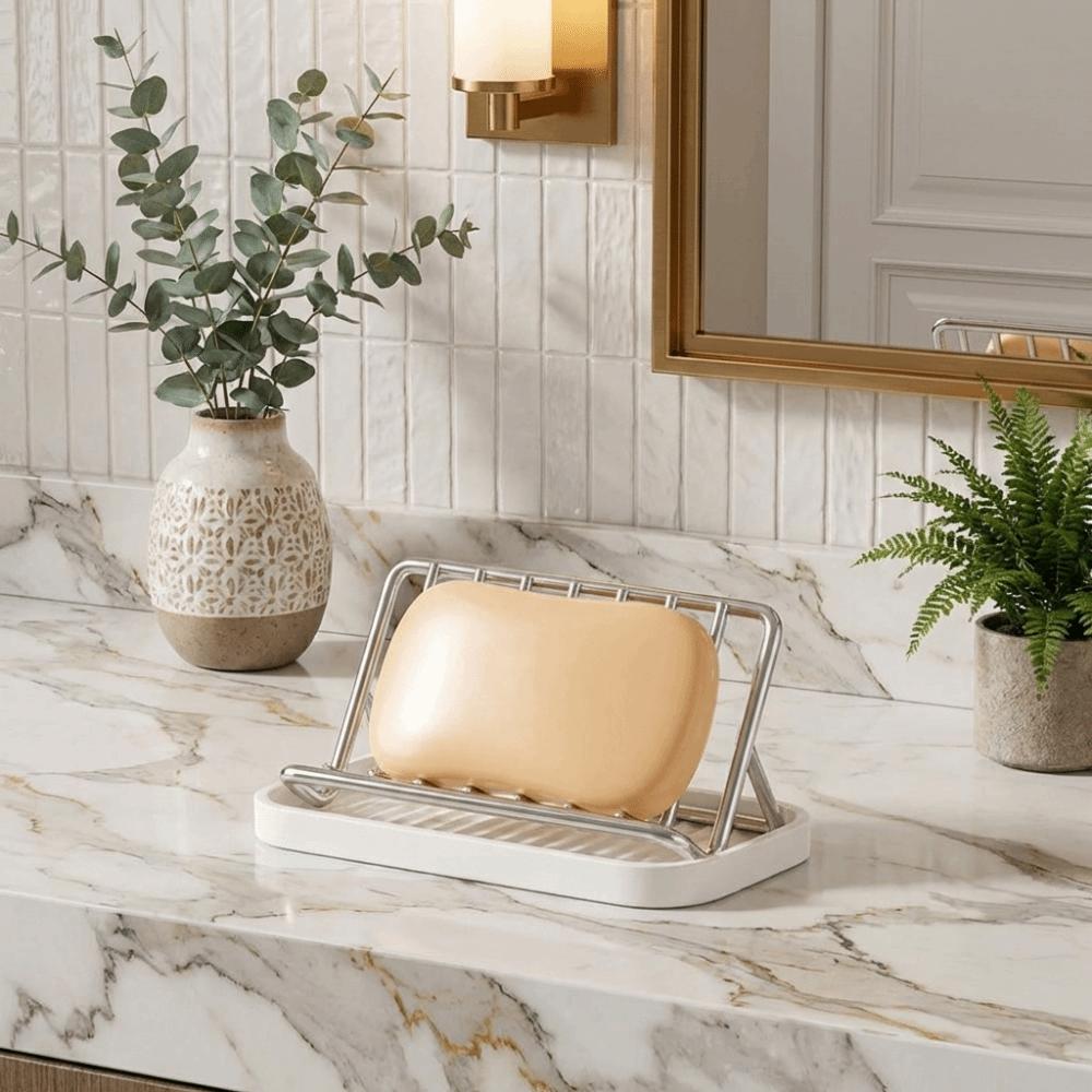 Non-slip Stainless Steel Soap Rack with Drain Tray Space Saving Bathroom Storage Rack Ventilated Rustproof Countertop Drain Tray