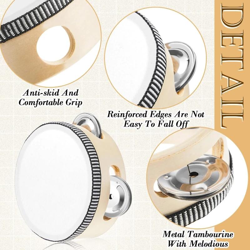 24 Pcs 4 Inch Wood Wedding Tambourine Metal Jingles Drum Hand Held Drum Instrument White Percussion for Wedding Party Favors