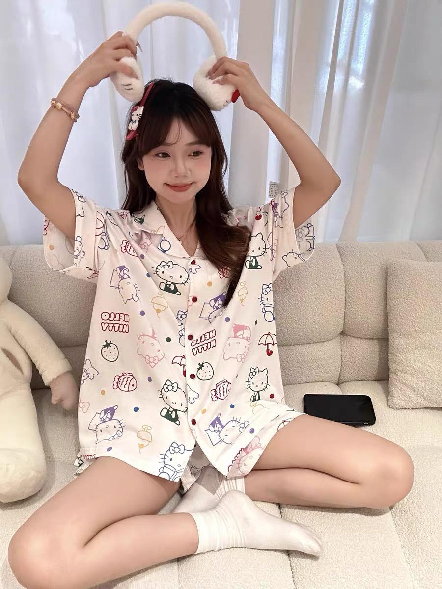 Korean version of Internet celebrity white kitten pajamas summer women s new short-sleeved shorts summer thin suit women s loungewear S