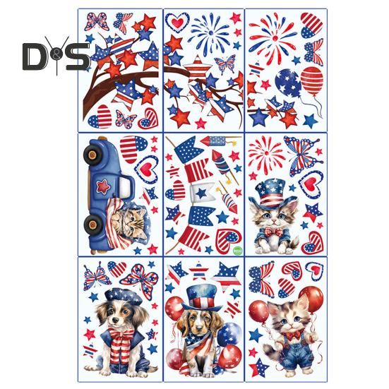 9Pcs Independence Day Stickers Double-Sided Design Stars Stripes Elements Easy To Use July 4 Patriotic Window Decoration