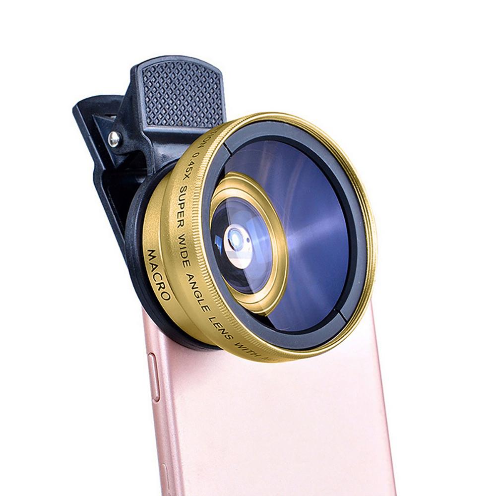 

2 IN 1 Lens Universal Clip 37mm Mobile Phone Lens Professional 0.45x 49uv Super Wide-Angle + Macro HD Lens For iPhone Android золотой