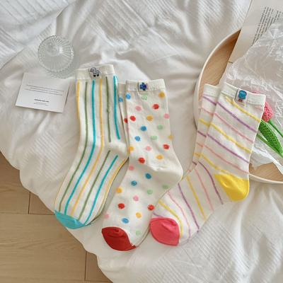 Female Spring and Summer Pure Cotton Color Cloth Logo Stripe Trend Cartoon Color College Wind Tube Socks