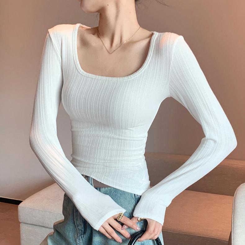 U-neck Sweater Solid Color Slim Knitted Sweater T-shirt Long-sleeved Top Low-neck Inner Layer Slim Pullover Women's Clothing