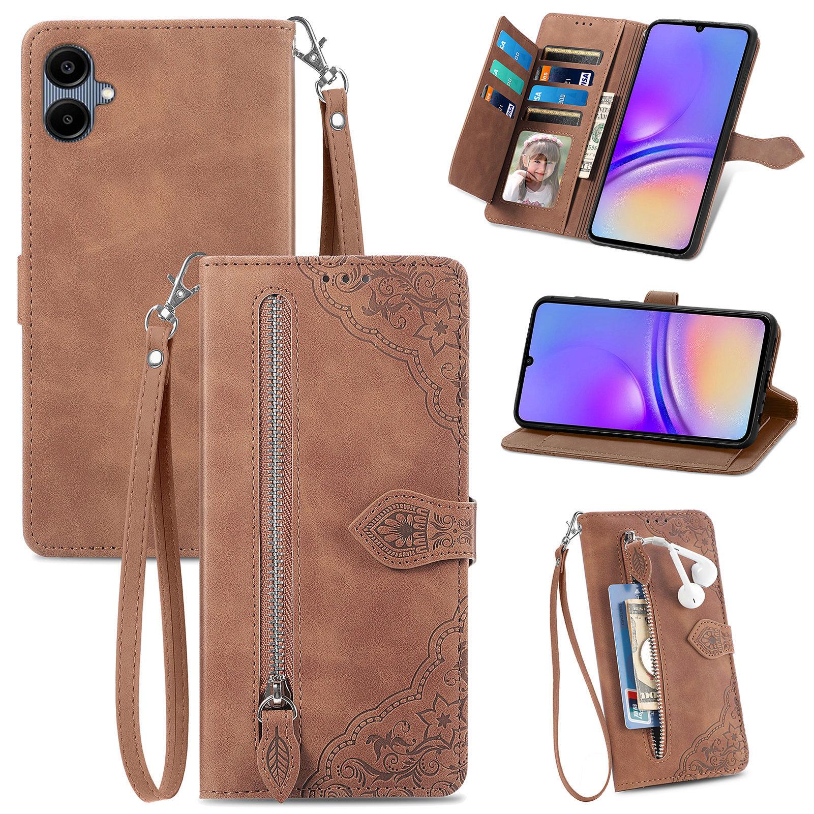 

For Samsung Galaxy A06 4G Zipper Wallet Case with Strap Flower Imprint PU Leather Phone Cover Brown