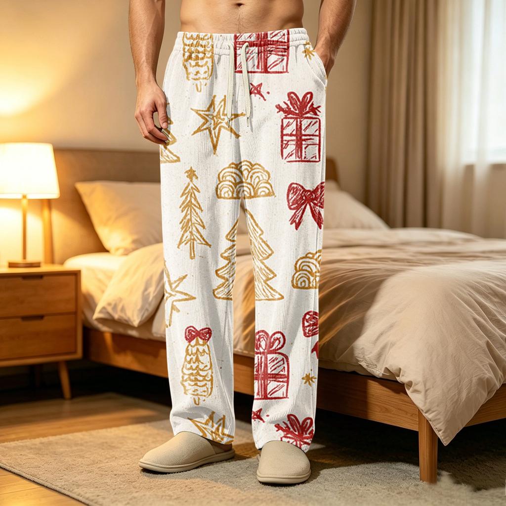 Men's Corduroy Print Pajama Pants with Pockets Casual Sleepwear Bottoms