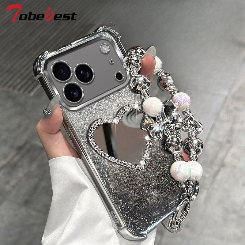 

Блестящий противоударный чехол с гальваническим покрытием и браслетом-зеркалом с сердечками для iPhone 17 Air 16 16E 15 14 Plus 13 11 11 Pro XS Max XR X Силиконовый чехол iPhone Air серебряный