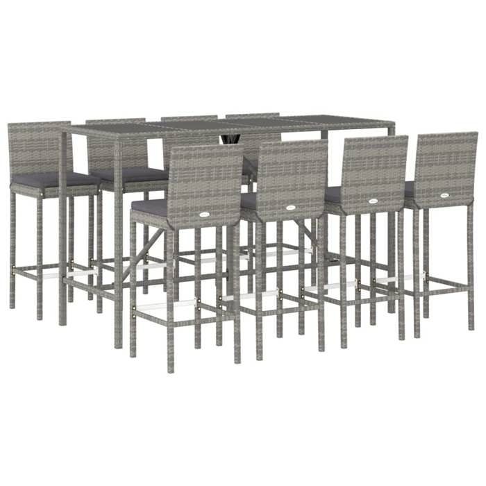 VidaXL Ensemble de bar de jardin 9 pcs avec coussins gris poly rotin, ensemble de table de bar, table et chaise de bar, 3187648