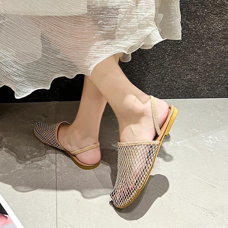 Large Size Flat Slippers for Women's Summer 2025 New Fashion Fishing Net Socks Slippers with Rhinestone Mesh Casual Sandals