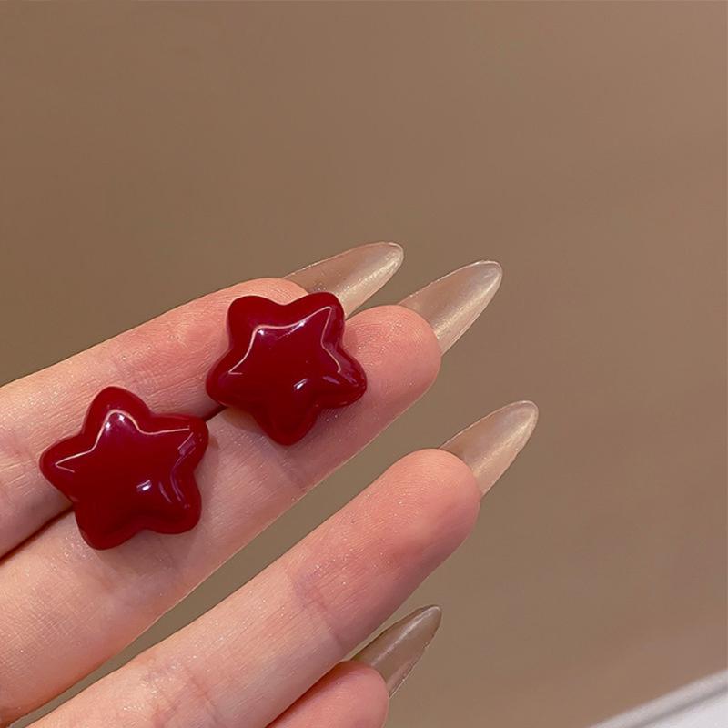 Vintage Wine Red Retro Stud Earrings For Women Dripping Oil Love Heart Shape Round Square Geometric Earring High Sense Jewelry