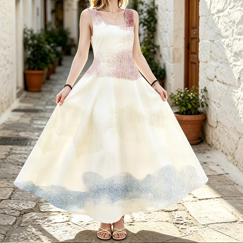 Two-Tone Gradient Watercolor Block Print Sleeveless Maxi Dress, Round Neck Loose Flowy Long Dress For Women