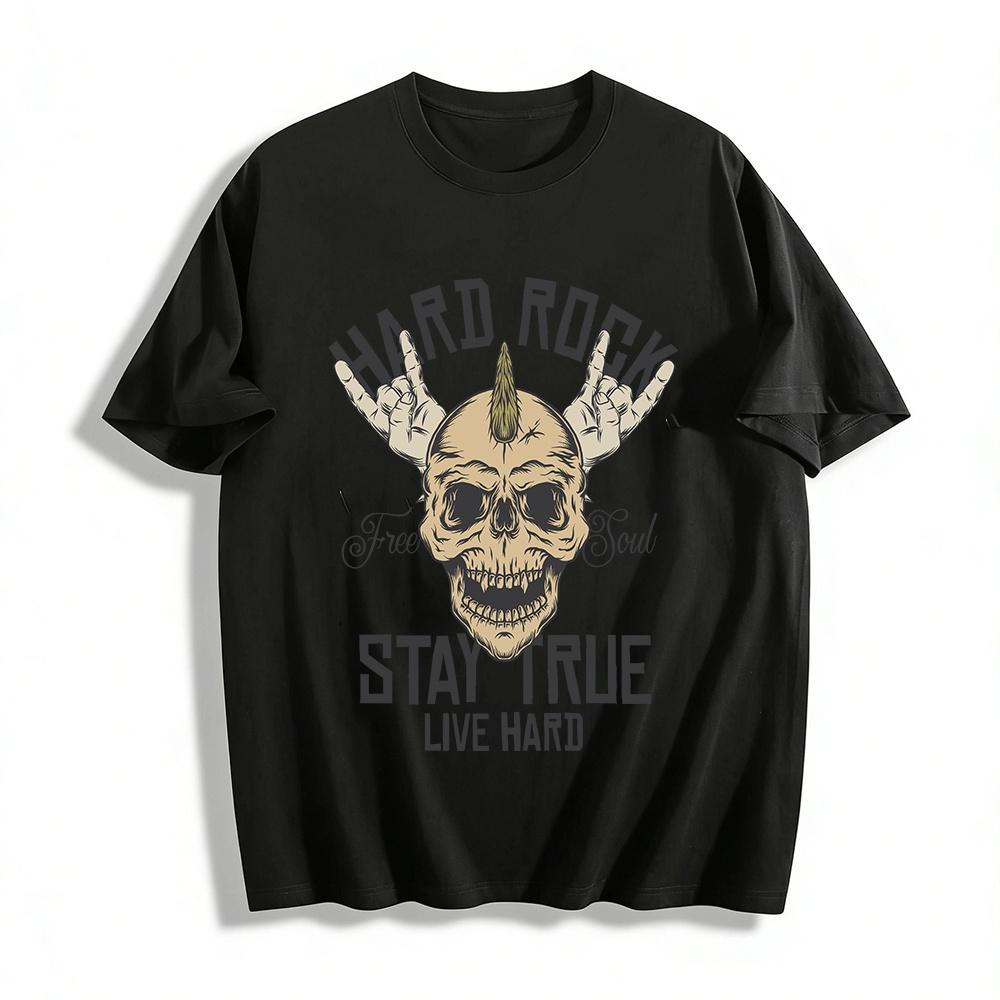 

Hard Rock Skull Horns Print Tee Free Soul Stay True Live Hard Top Pure cotton T-shirt XXS