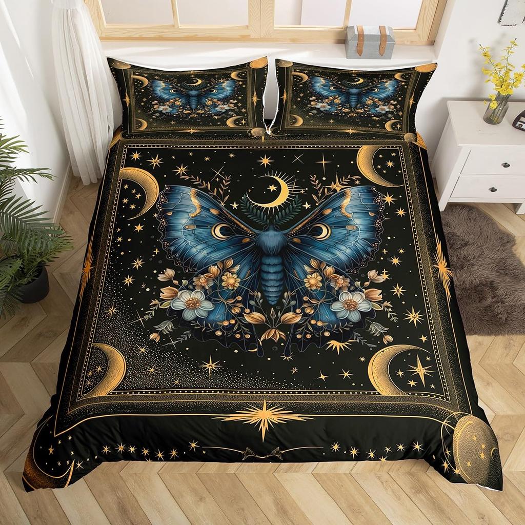 Gothic Moth Duvet Cover Set Queen Twin SizeDreamy Butterfly Animal Rustic Leaves Bedding SetExotic Starry Moon Sky Quilt Cover