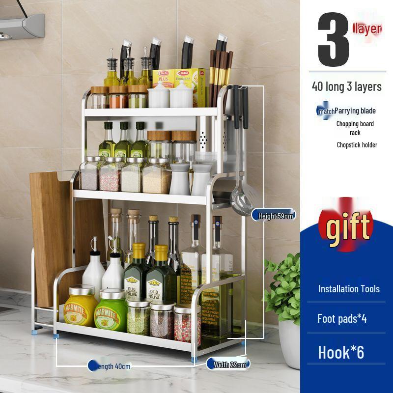 Stainless Steel Multi-layer Kitchen Rack: Spice, Knife Holder & Storage