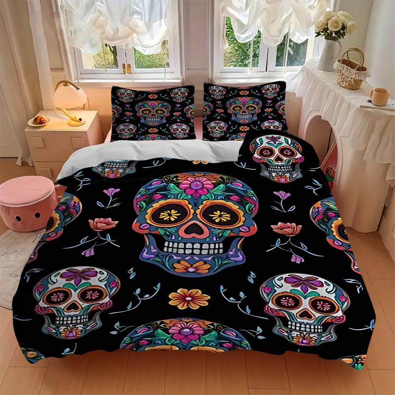 3-teiliges Day of the Dead Zuckerschädel Bettwäsche-Set mit einer Bettbezug und zwei Kissenbezügen (Keine Füllung), Festliches Geschenk für Schlafzimmerdeko - Polyestergewebe
