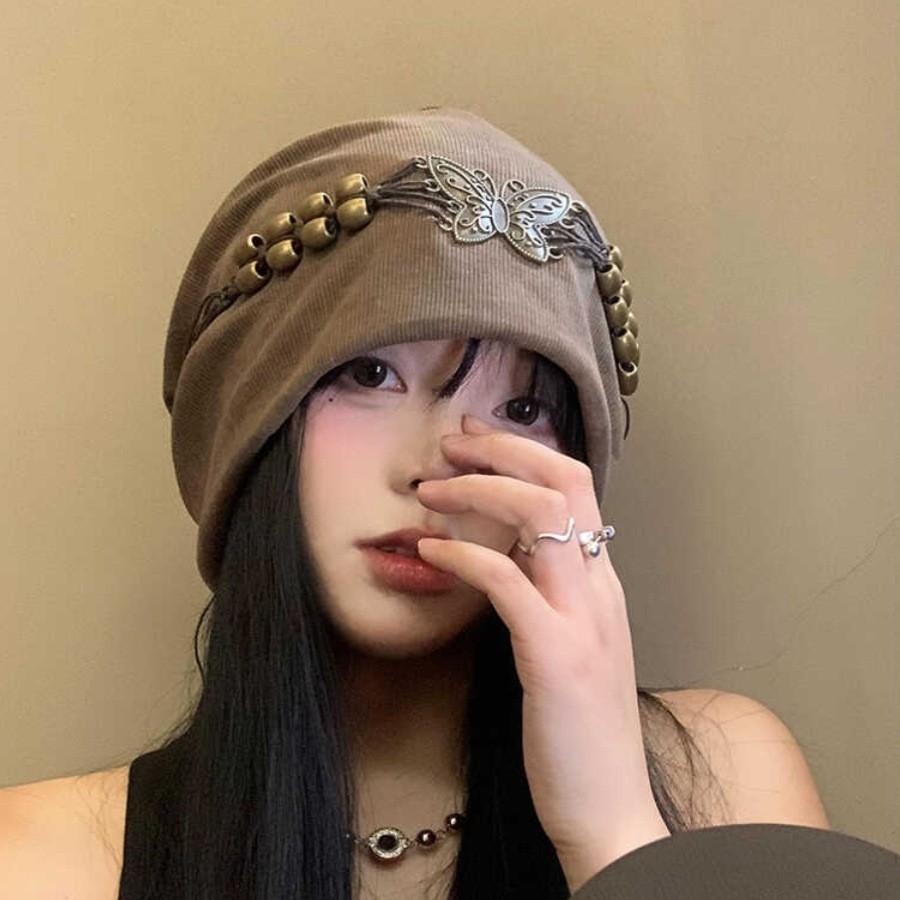 Autumn and Winter American Retro Pile Hat Tassel Butterfly Bag Head Hat Big Head Circumference Showing Face Small Hat Women's Versatile Cold Hat