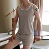 2Pcs/Set Men Pajamas Set U-Neck Sleeveless Vest Elastic Waist Wide Leg Shorts Set Summer Sleepwear Home Wear
