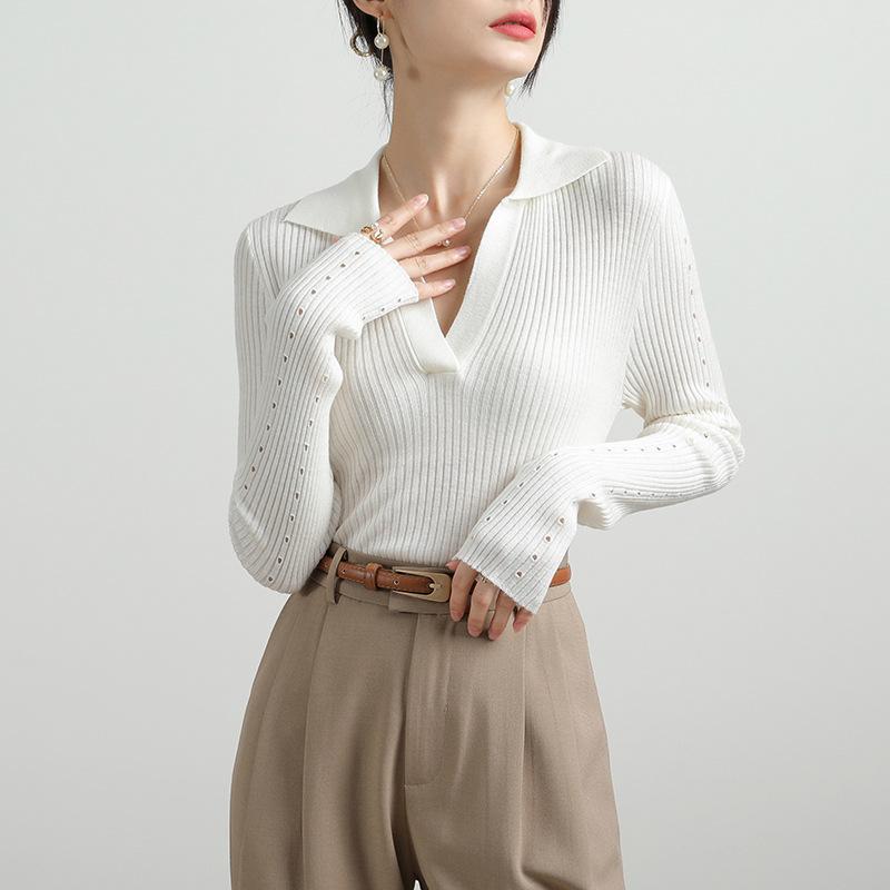 Ladies Autumn Winter Long Sleeve Polo Collar Casual Basic Solid Color Pullover Knitted T Shirt Top for Layering